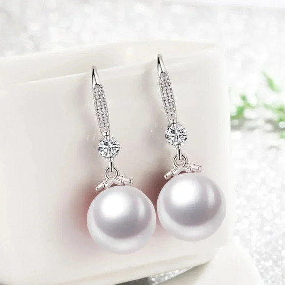 Sterling Silver Diamond 10 MM Pearl Drop Earrings - Picture 1 of 5